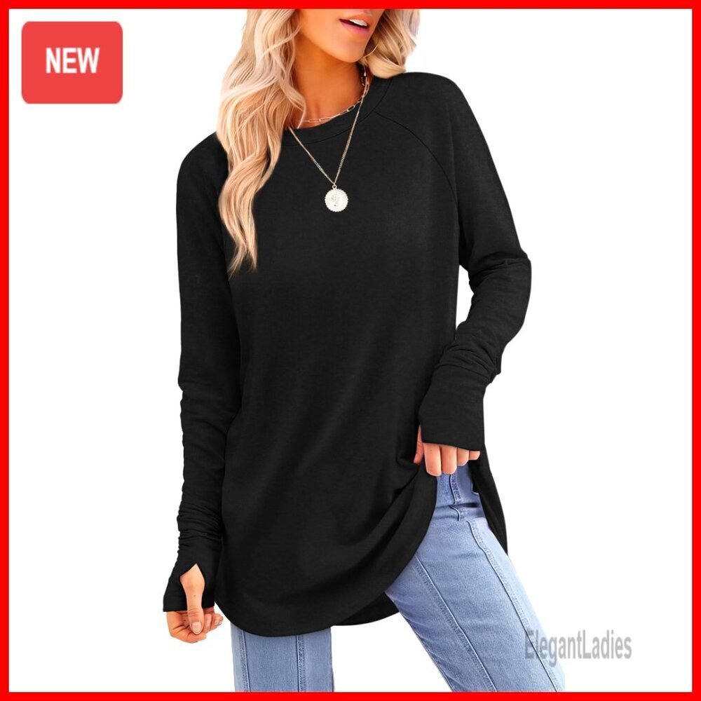 Oversized Long Sleeve Tunic Top with Thumb Holes, Curved Hem, Loose Fit